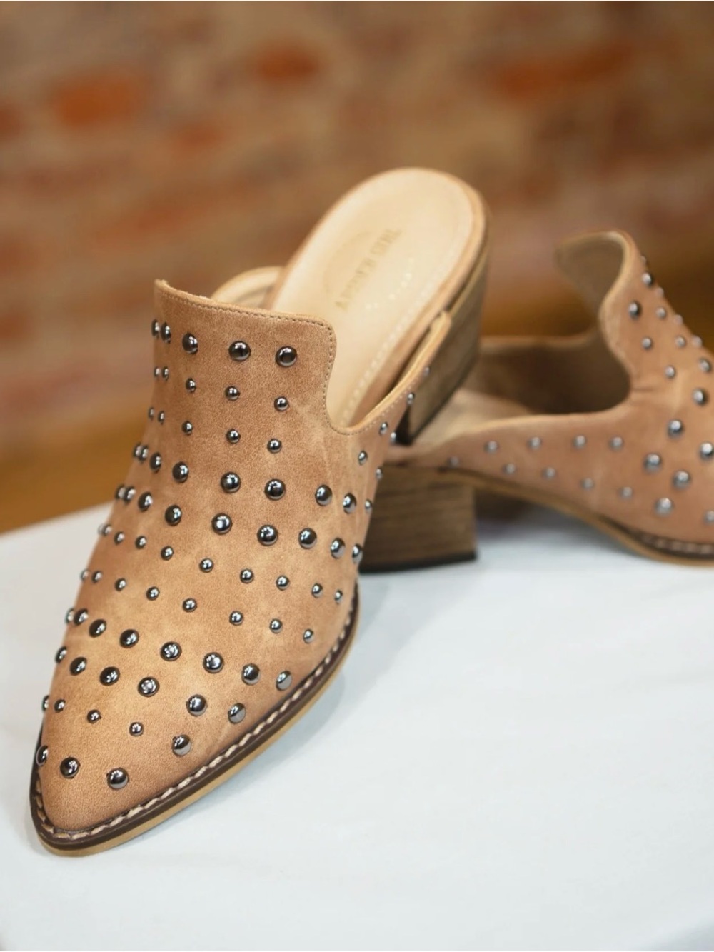 A Rider Girl Studded Tan Suede Mule Heels - Women